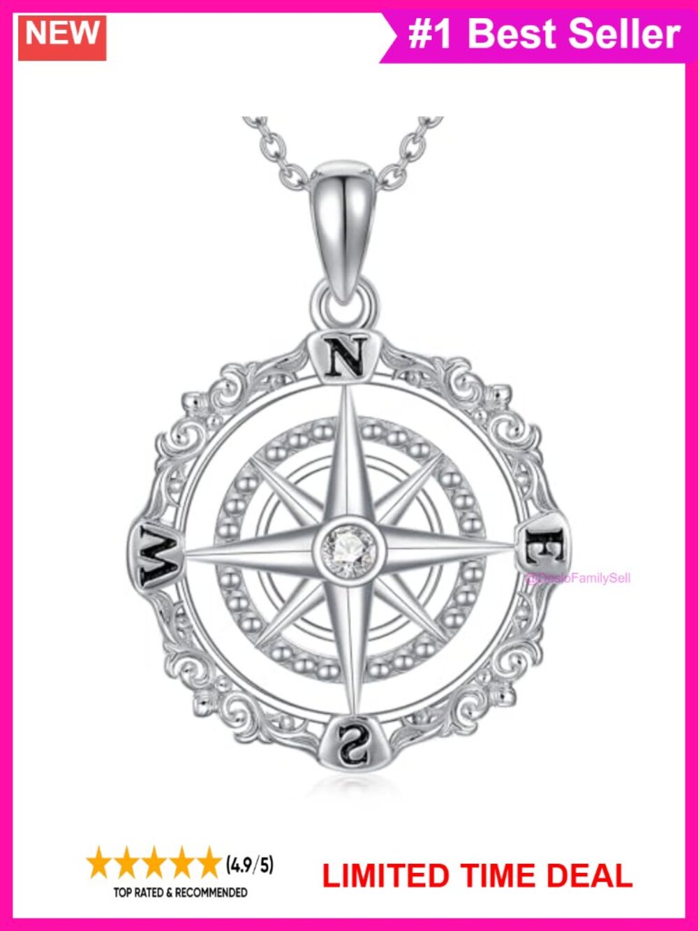 925 Sterling Silver Lab-Grown Diamond Compass Pendant Necklace